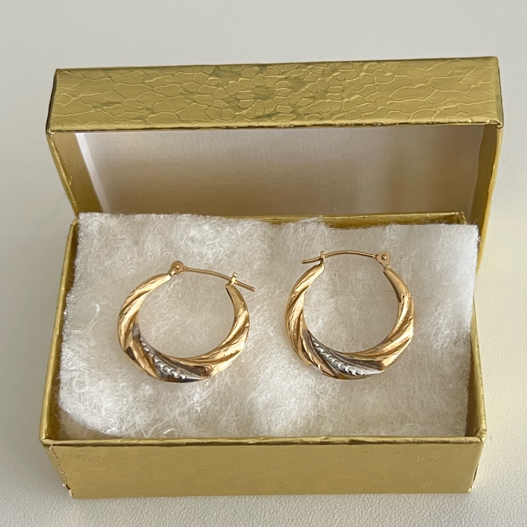 14k Solid Gold Twisted Hoop Earrings Two Tone Diamond Cut Estate Vintage Hoops
